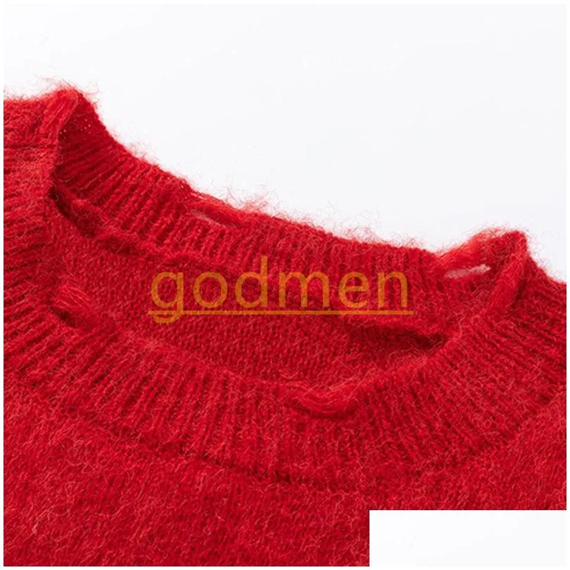 New Fashion Mens Contrasting Color Sweaters High Street Men Womens Mohair Knit Wear Pullover Men Causal Sweater Asian Size