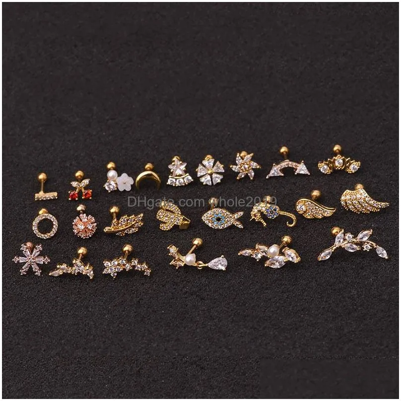 Stud 1Pc Rose Gold Stainless Steel Helix Fashion Animal Plant Cz Ear Lobe Tragus Daith Cartilage Screw Back Earring Drop Delivery Jew Dhwue