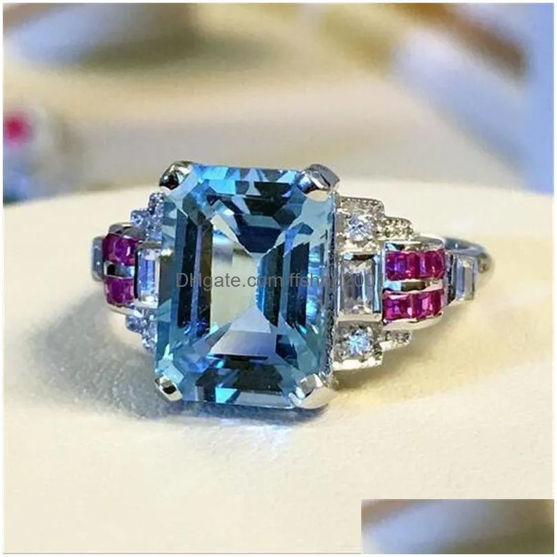 size 6-10 top sell luxury jewelry 925 sterling silver aquamarine cz diamond gemstones ruby party women wedding engagement band ring