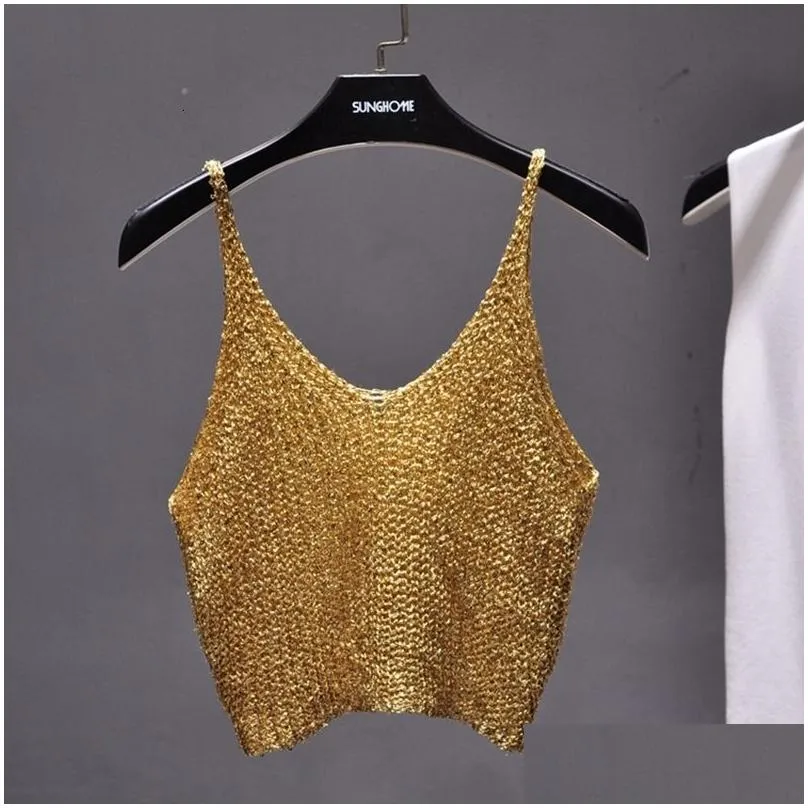 Camisoles & Tanks Sparkling Sequins Half Waist Render Knitwear Hollowout Is Y Condole Top Cropped Streetwear Woman Tops Summer 230508 Dh49Q