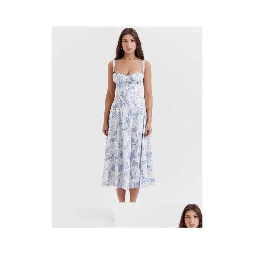 elegant vintage print floral midi dresses fashion back lace up robe fashion farm party clothing women`s summer long dress