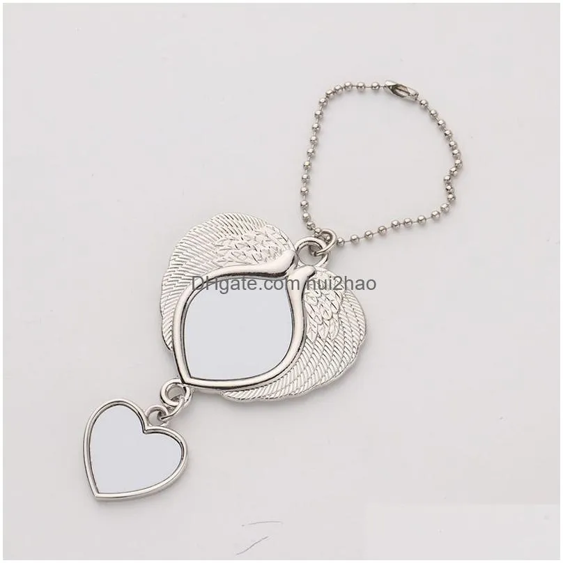 wholesale sublimation blanks car hanging ornament angel wing double hearts ornaments pendant with heat transfer p o frame