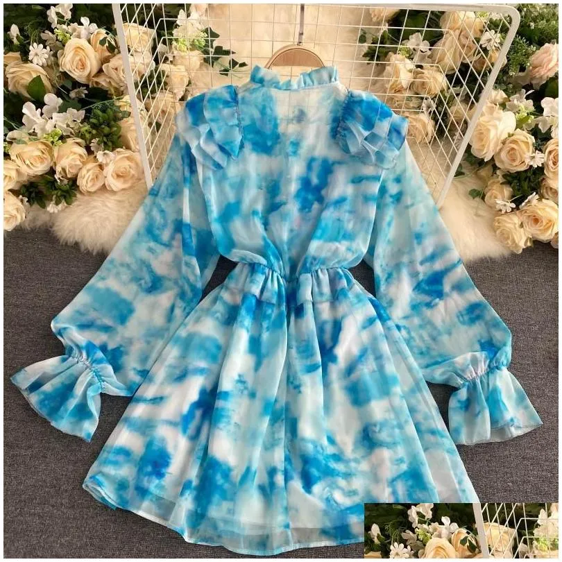 autumn 2022 blue tie-dye mini dress women sweet ruffle chiffon vestidos female elegant flare long sleeve irregular robe fashion