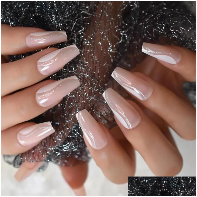 False Nails Medium Long Press On Nude Coffin Shape French Nail Tips With Glitter Decorative Shiny Gel Manicure Tip 24 Nov Drop Delive Otlzj