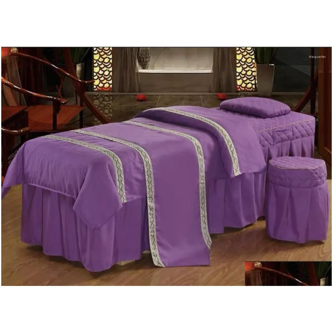 Bed Skirt Four-Piece Set Of Cotton Pillow Stool Quilt Mas Er Bedspread With Patio Face Bow Tie Home Textile Pink Purple Drop Delivery Othym