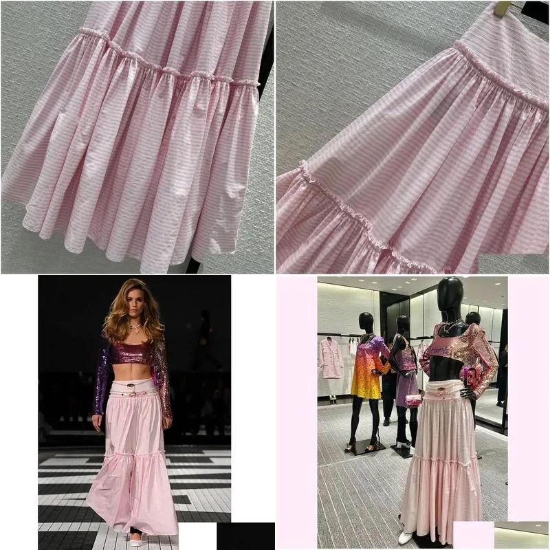 Skirts 2024 Fashion Single Breasted Pink Color Stripe A-Line Lady Long Womens High Waist Elegant Work Vintage Drop Delivery Apparel W Otkn5