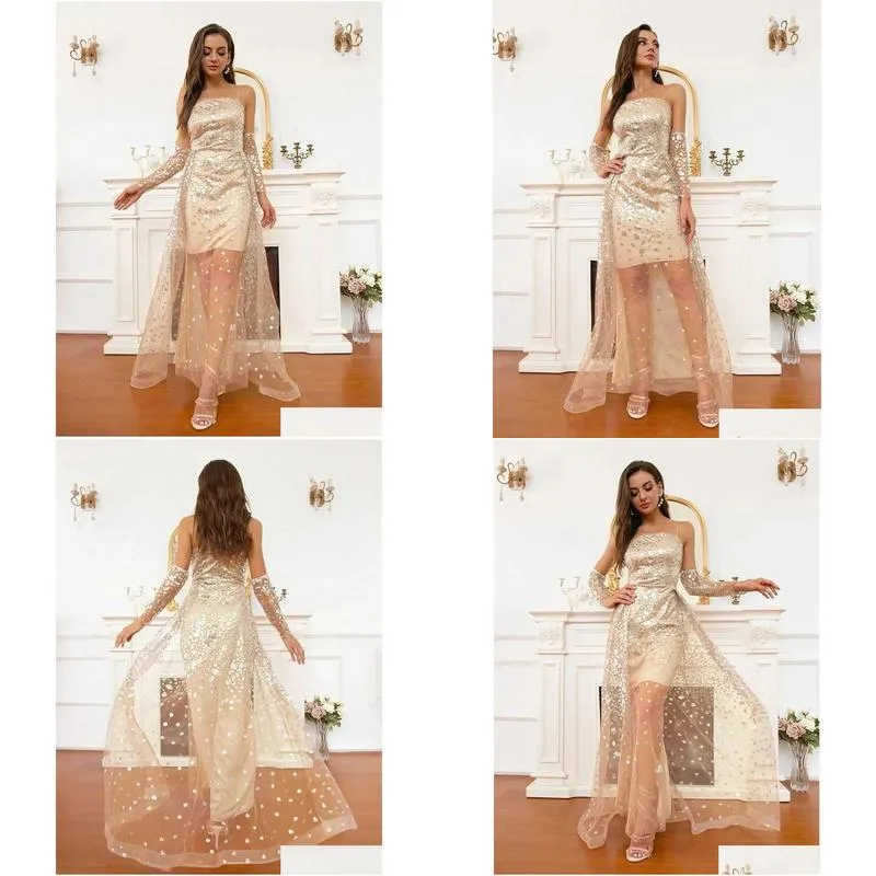 2022 autumn new arrival fashion sequins elegant gown long sleeved temperament see-through ladies evening dress vestidos