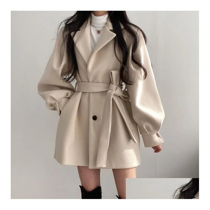 2023 winter women wool elegant turn-down collar single breasted woolen coat vintage slim lantern sleeve solid jacket with belt