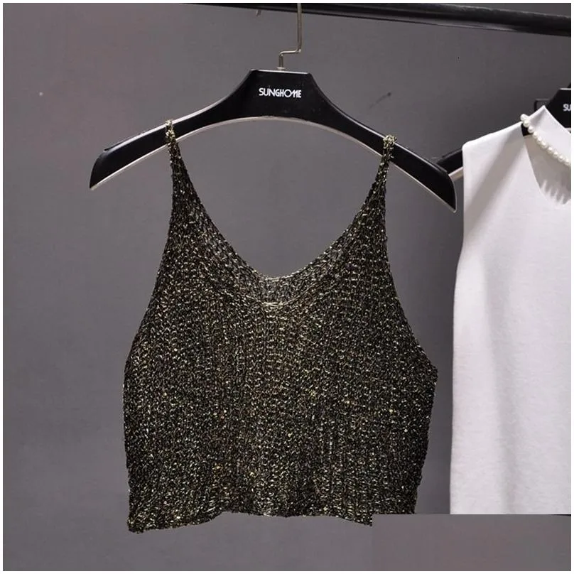 Camisoles & Tanks Sparkling Sequins Half Waist Render Knitwear Hollowout Is Y Condole Top Cropped Streetwear Woman Tops Summer 230508 Dh49Q