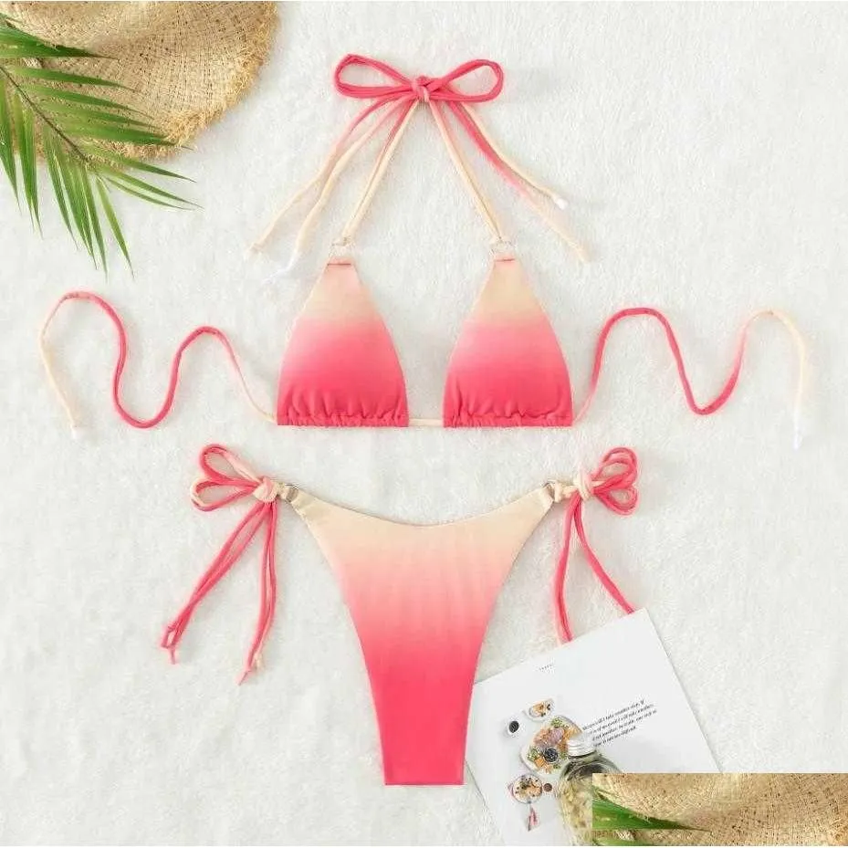 2023 new sexy women`s summer 2pcs bikini sets sleeveless halter bandage neck gradient color bra + low waist tie up thong bikinis