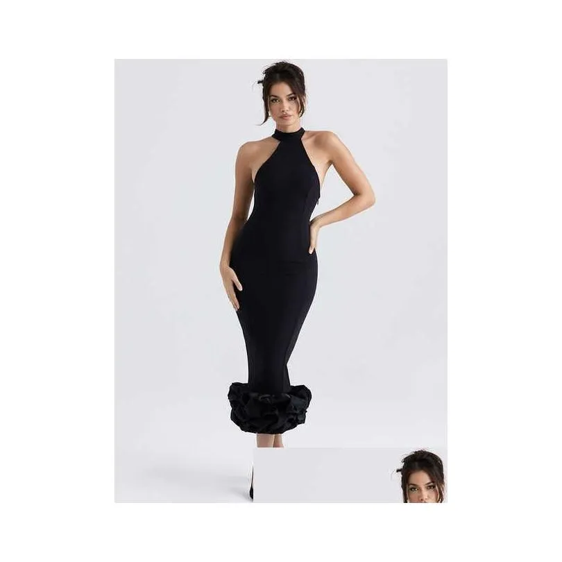 female new elegant celebrity party dress runway outfits wear 2023 luxury design vintage black cocktail midi dress