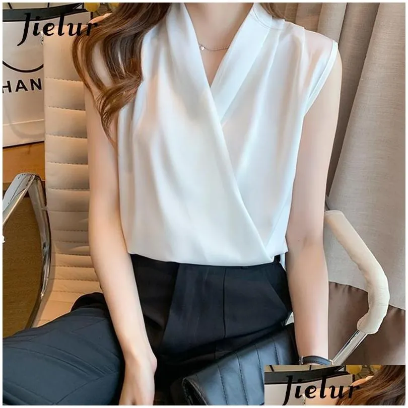 Women`S Blouses & Shirts Womens Jielur Tops Solid Color White Satin Blouse Office Shirt Blusas Sleeveless Women Black Female 230227 D Dhkp1