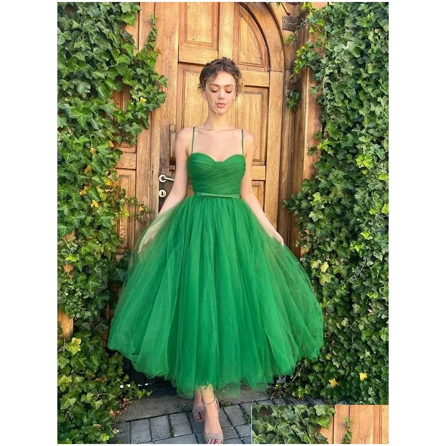 tulle and tibia length prom dress women`s tight corset heart shape thin shoulder strap youth formal evening dress