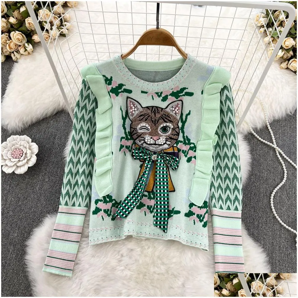 women`s sweaters 2023 harajuku diamonds beaded cat bow embroidery sweater women`s ruffles flower jacquard cartoon pullover jumper crop