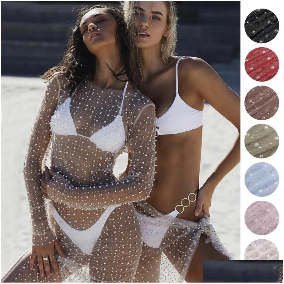 women`s swimwear holiday bikini rhinestone cover-ups beach dress long sleeve dress with pearl decoration see through mesh sheer pool party