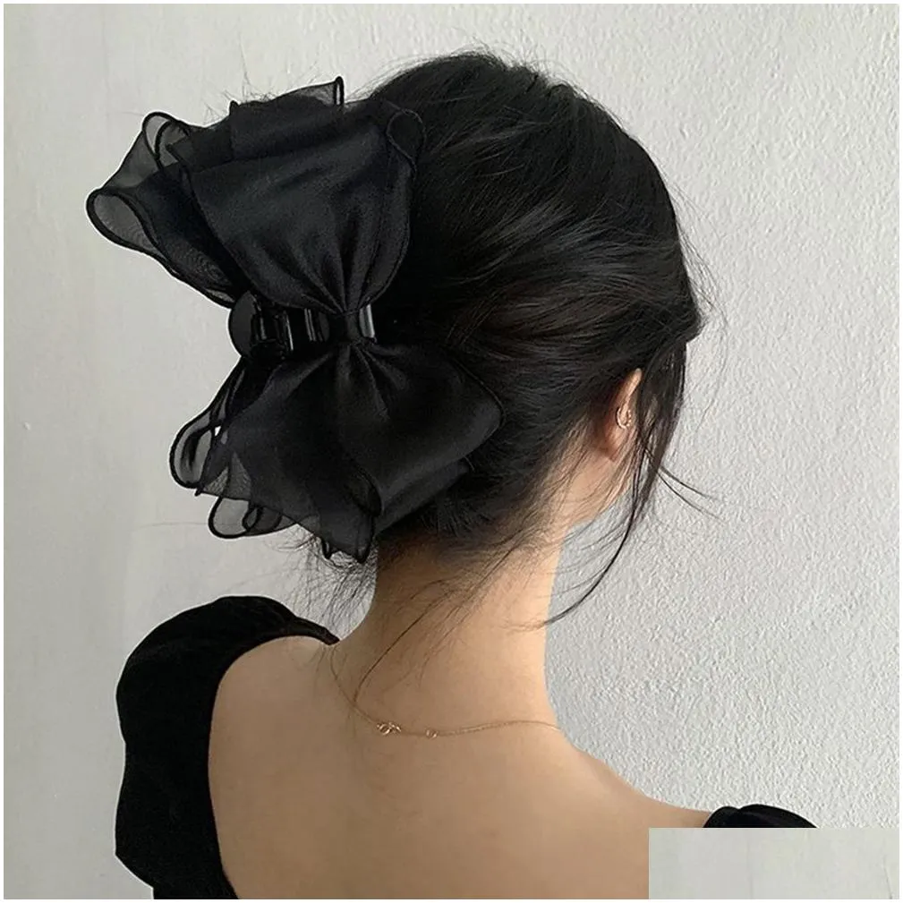 Hair Clips & Barrettes Korea Sweet Mesh Tle Big Bow Claw For Women White Black Bowknot Clamp Hairpin Headdress Accessories Shark Clip Dhveh