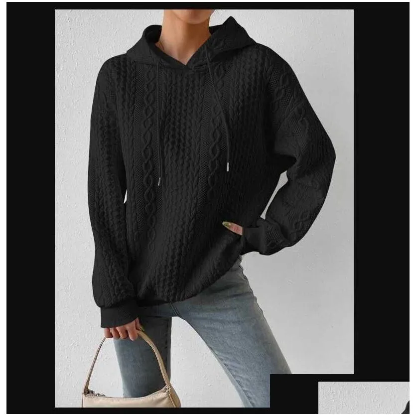 2023 new autumn large women`s jacquard hooded lace up long sleeve sweater knit
