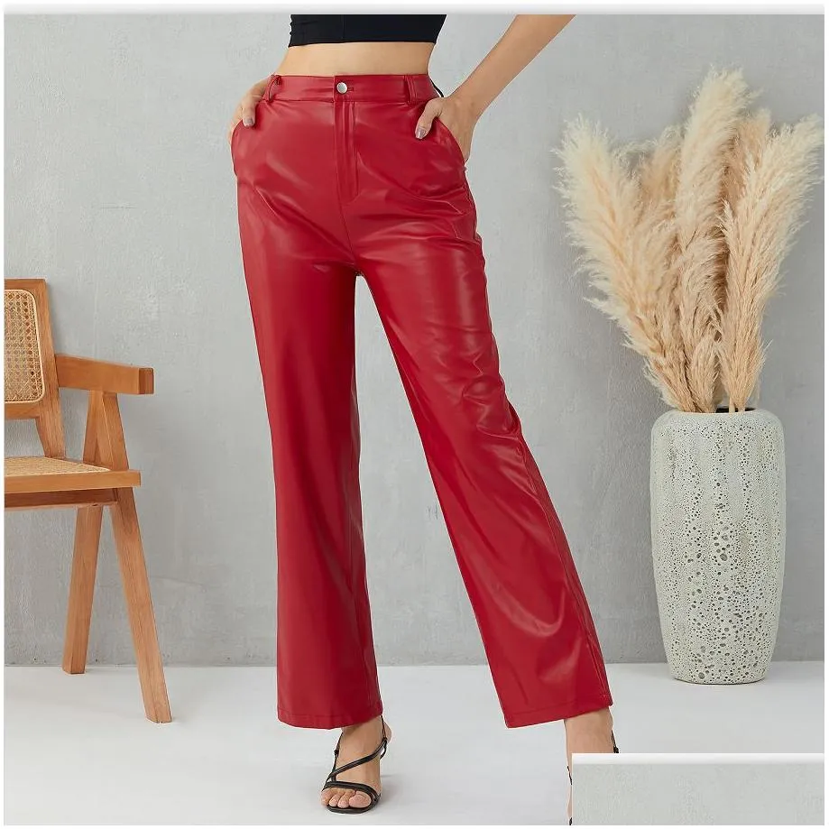 fashion design leather pants european and american fashion new product women`s micro ra high elastic mid waist commuting style leather pants leggings women`s