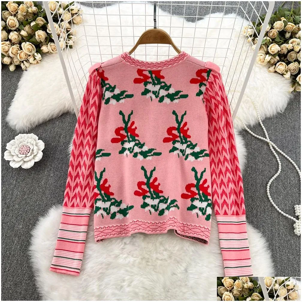 women`s sweaters 2023 harajuku diamonds beaded cat bow embroidery sweater women`s ruffles flower jacquard cartoon pullover jumper crop