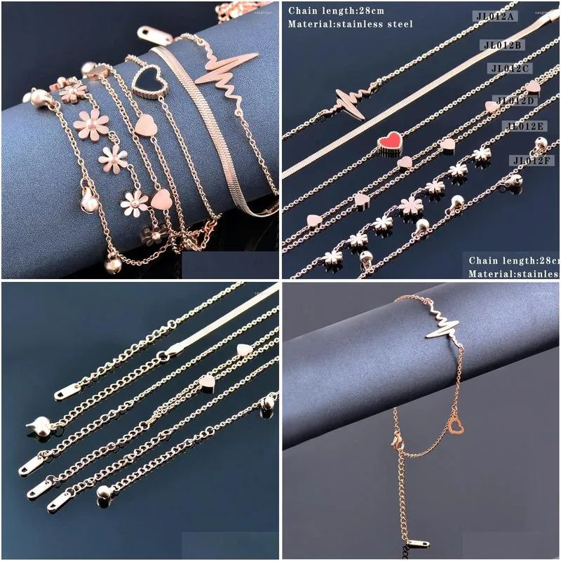 Anklets LEEKER Stainless Steel For Women Black Heart Flower Bells Rose Gold Color Beach Jewelry Party Accessories 012 LK2