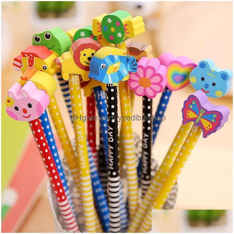 wholesale cartoon pattern wood hb pencil with eraser writing pencils lead pen children drawing sketching stationery kids students school season teachers gift