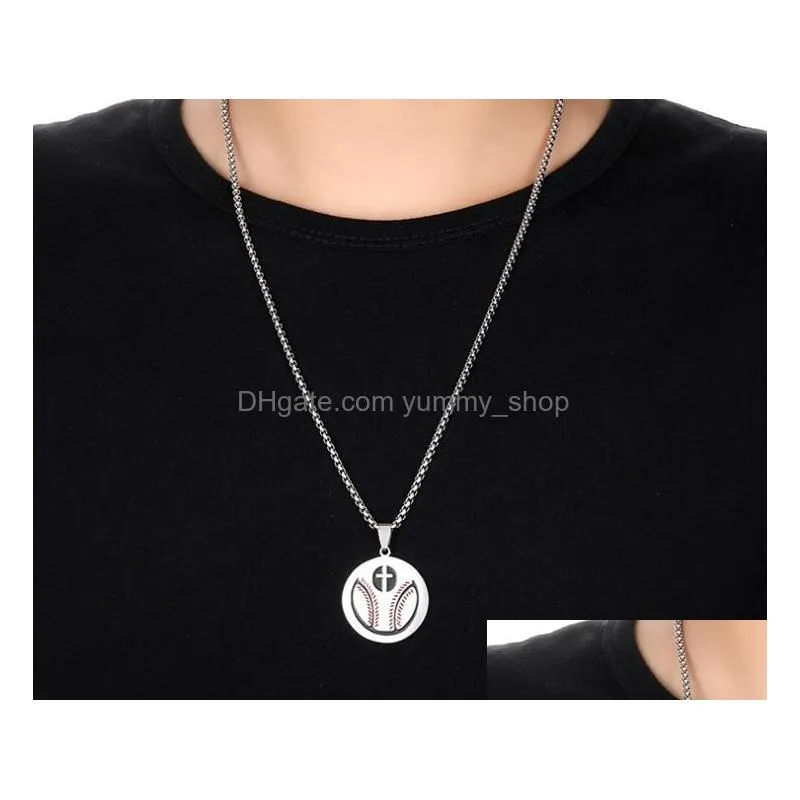 pendant necklaces round cross charms baseball bat necklace gold silver black color stainless steel baseball