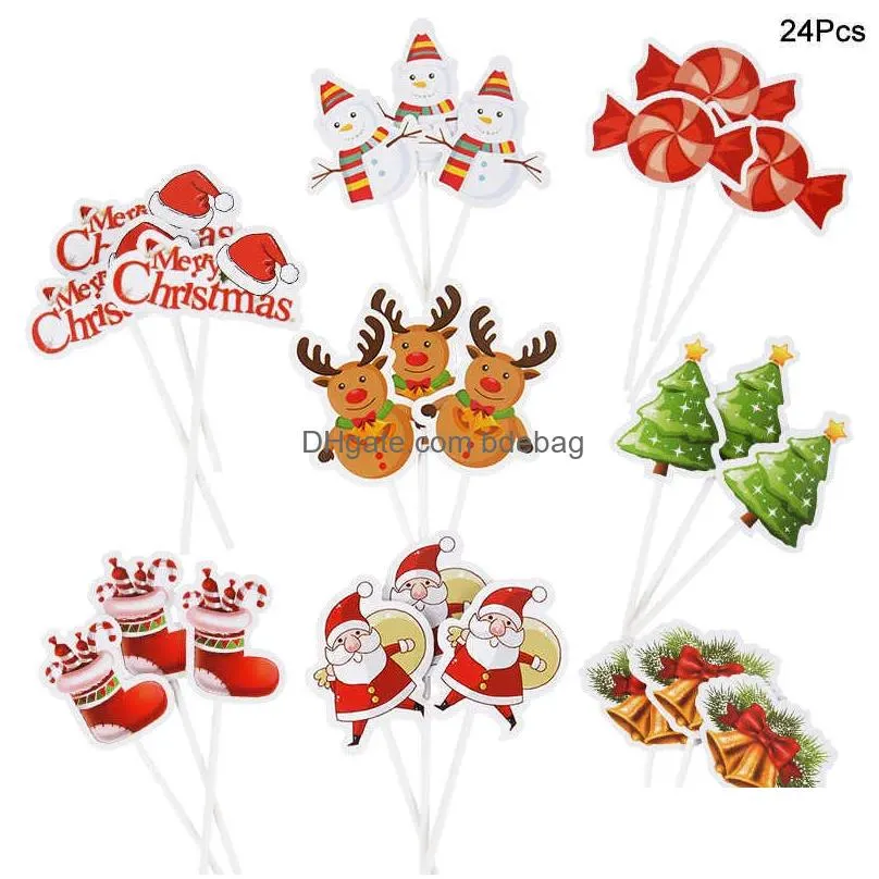  24/48pcs cartoon christmas cake topper santa claus xmas tree cupcake topper for year party xmas cake decoration noel navidad