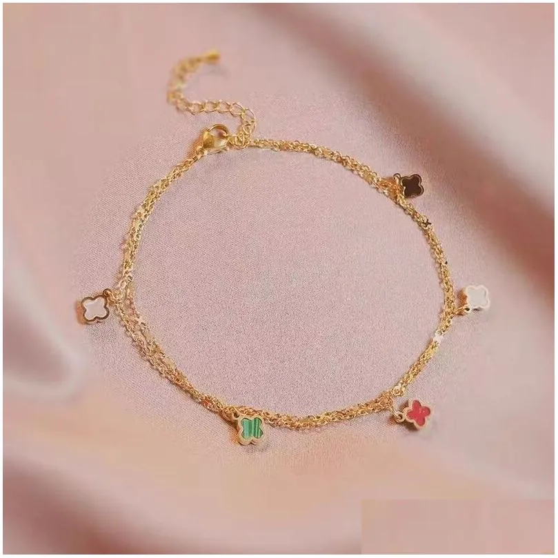 Designer Anklets loves couple 5flowers jewelry Clover 18k gold chains steel Mother of pearl colorful thick chain for Mothers Day Chrismas party Holiday