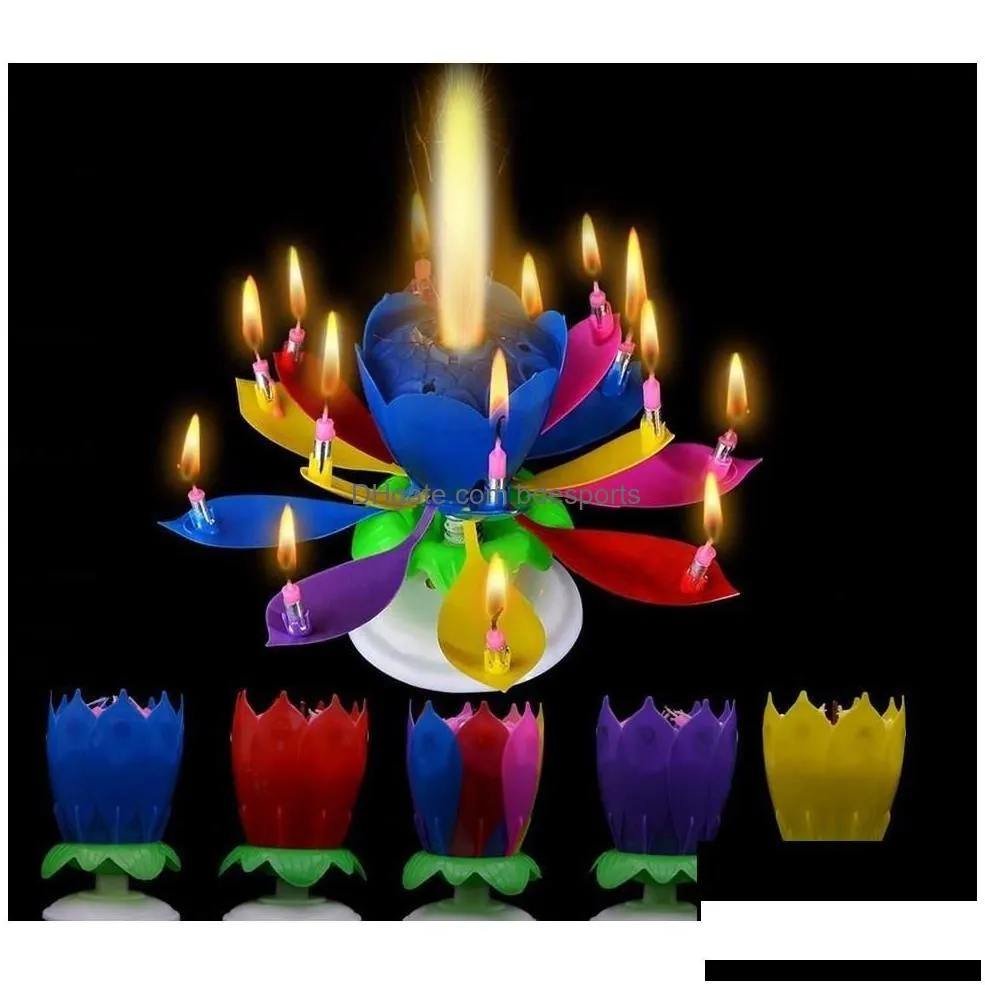 Party Decoration Musical Birthday Candle Magic Lotus Flower Candles Blossom Rotating Spin 14 Small Cake Topper Children Chopsticks H Dh0Fa