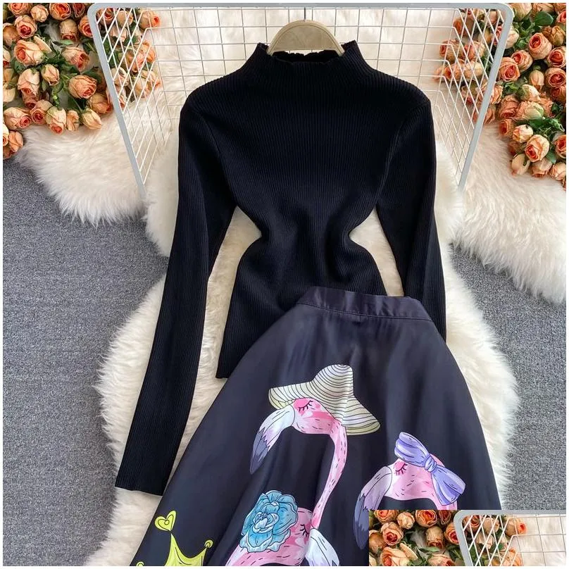 2022 autumn winter runway two piece dress set women knitted black sweater + floral high waist ball gown long maxi skirt suit