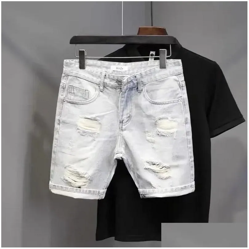 Men`S Jeans Mens Korean Retro Japanese Versatile Loose Straight Denim Shorts Casual Pants Boys White Color Short Ripped Hip Hop Drop Dhipm