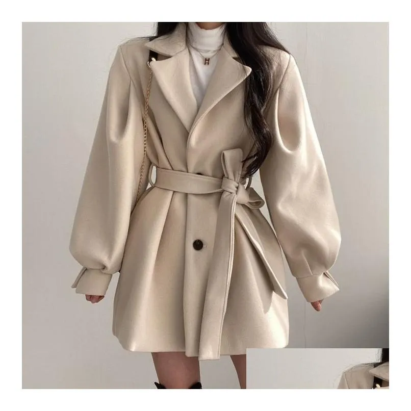 2023 winter women wool elegant turn-down collar single breasted woolen coat vintage slim lantern sleeve solid jacket with belt