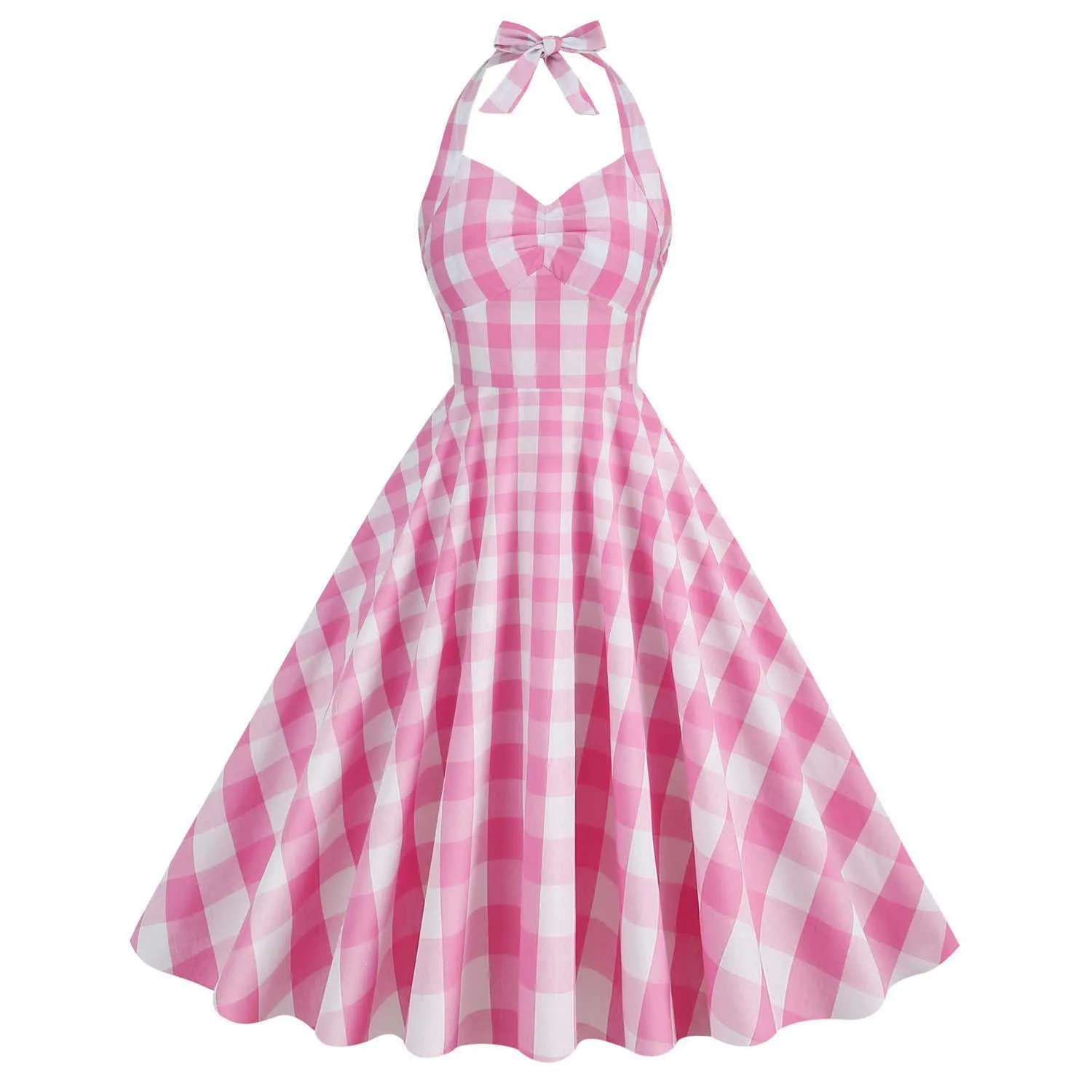 hepburn style ingrid  pink plaid high waistband with a slim hanging neck and large swing mid length dress cotton