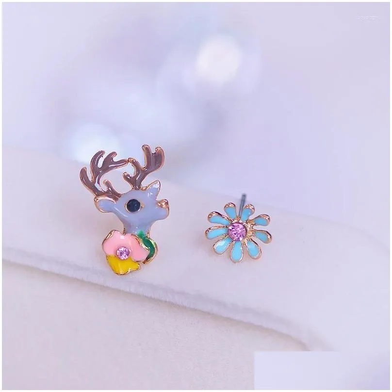 Stud Earrings Romantic Cute Korean Asymmetric Animal For Women Girls Lovely Deer Flower Rhinestones Party Jewelry Drop Delivery Otzyp