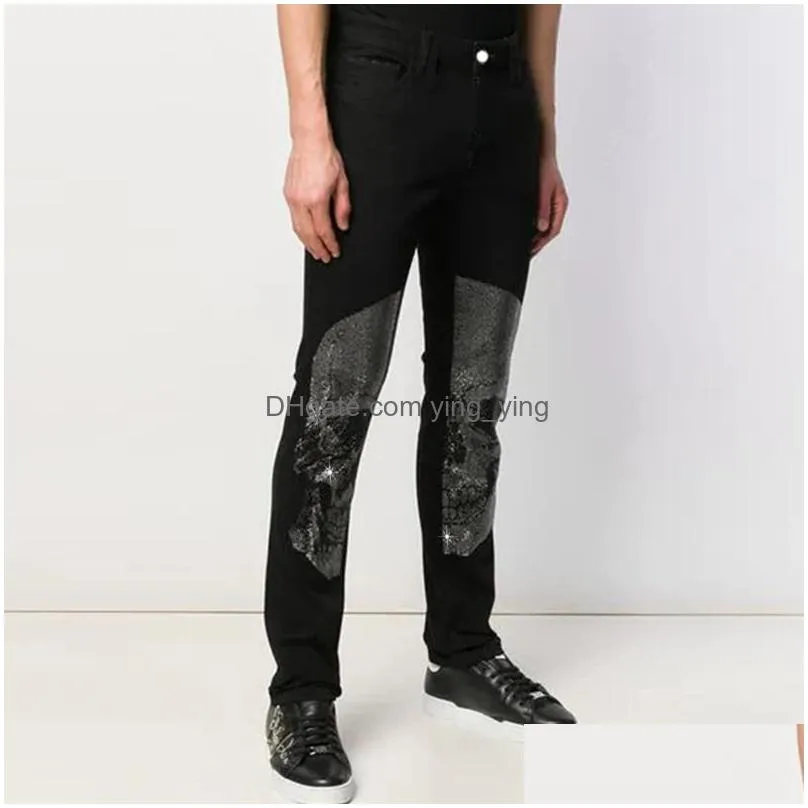 mens jeans stretchy black skinny punk youth streetwear biker pants hole slim fit denim pencil trousers for man 230216