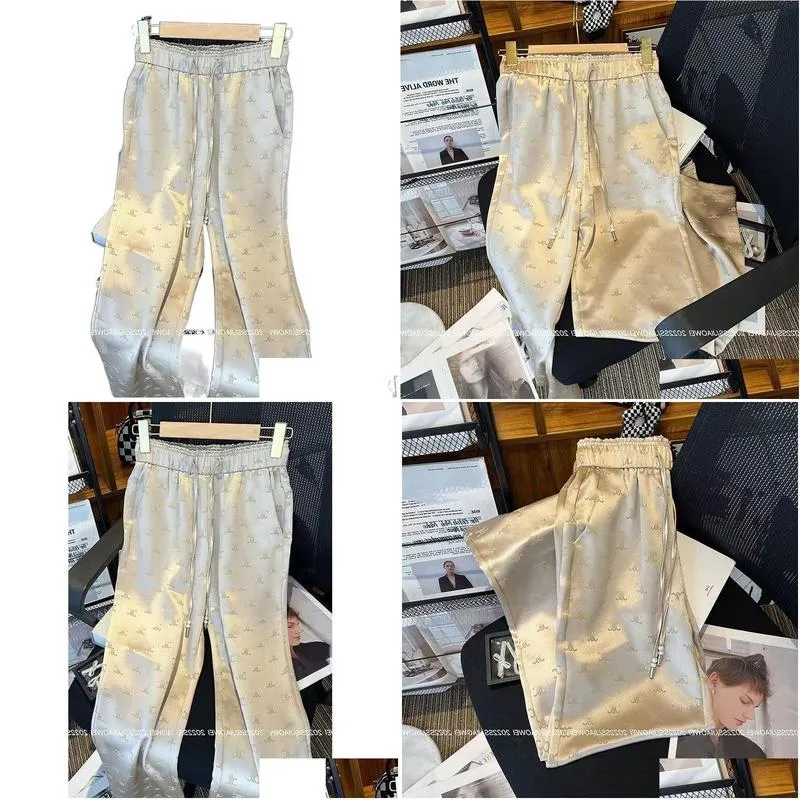 Women`s high elastic waist pants sashes with drawstring logo print satin fabric long trousers plus size MLXL