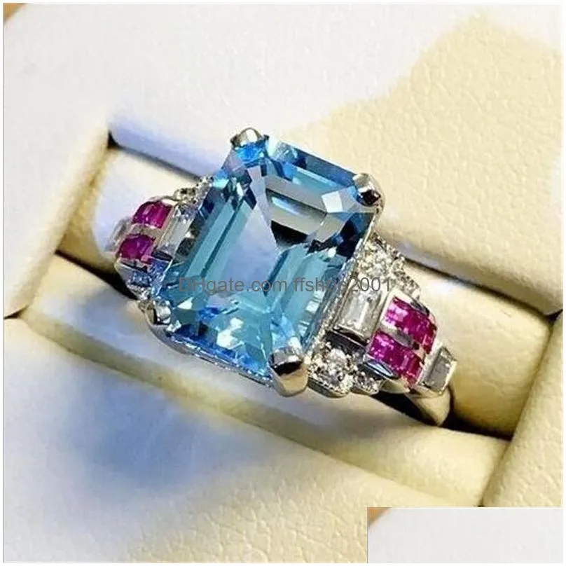 size 6-10 top sell luxury jewelry 925 sterling silver aquamarine cz diamond gemstones ruby party women wedding engagement band ring