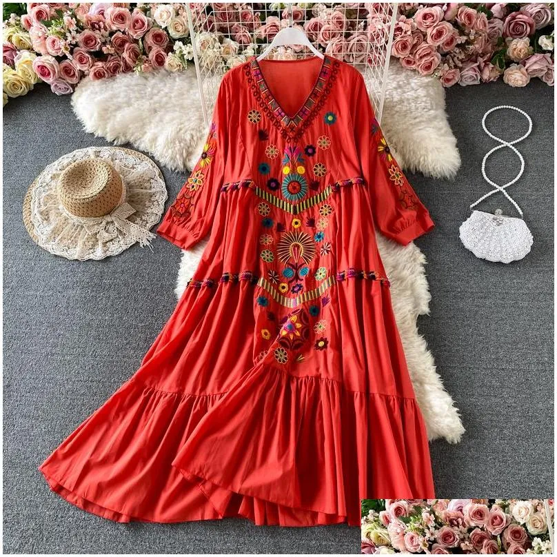 vintage chic women casual dresses floral embroidery beach bohemian mini dress ladies short sleeve v-neck cotton and linen boho dresses vestido