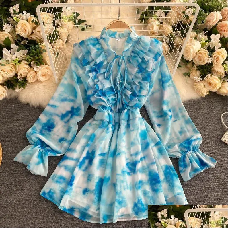 autumn 2022 blue tie-dye mini dress women sweet ruffle chiffon vestidos female elegant flare long sleeve irregular robe fashion