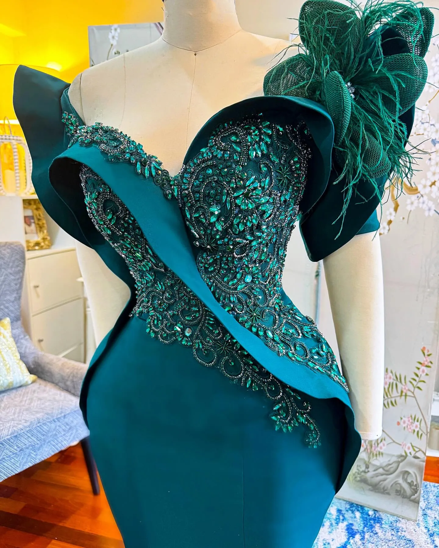 2024 Aso Ebi Hunter Green Mermaid Prom Dress Beaded Crystals Evening Formal Party Second Reception 50th Birthday Engagement Gowns Dresses Robe De Soiree ZJ324