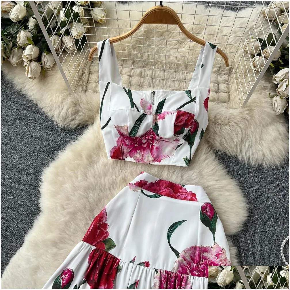 two piece dress summer runway sicily floral matching outfits women`s short spaghetti strap crop top long maxi vacation skirt 2 piece set