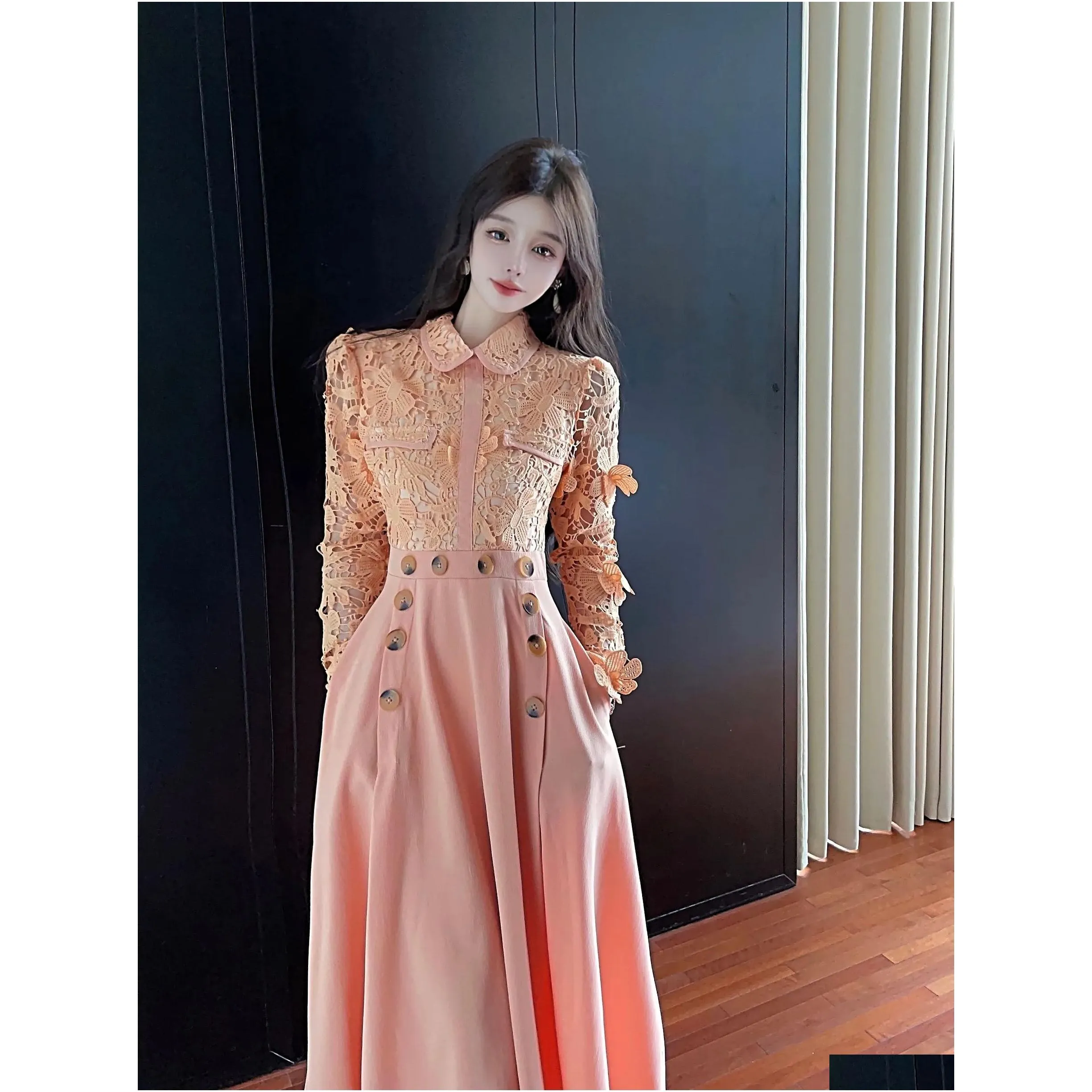 basic casual dresses high-quality new autumn winter lace hollow out embroidery full sleeve dress 3d butterfly slim waist runway long dress