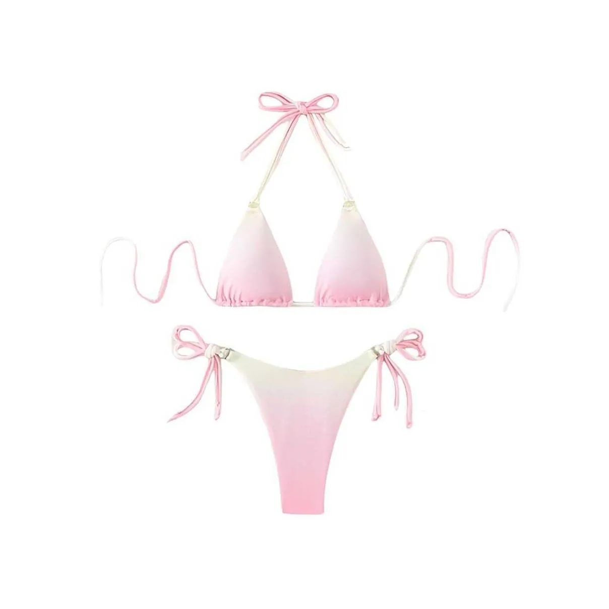 2023 new sexy women`s summer 2pcs bikini sets sleeveless halter bandage neck gradient color bra + low waist tie up thong bikinis