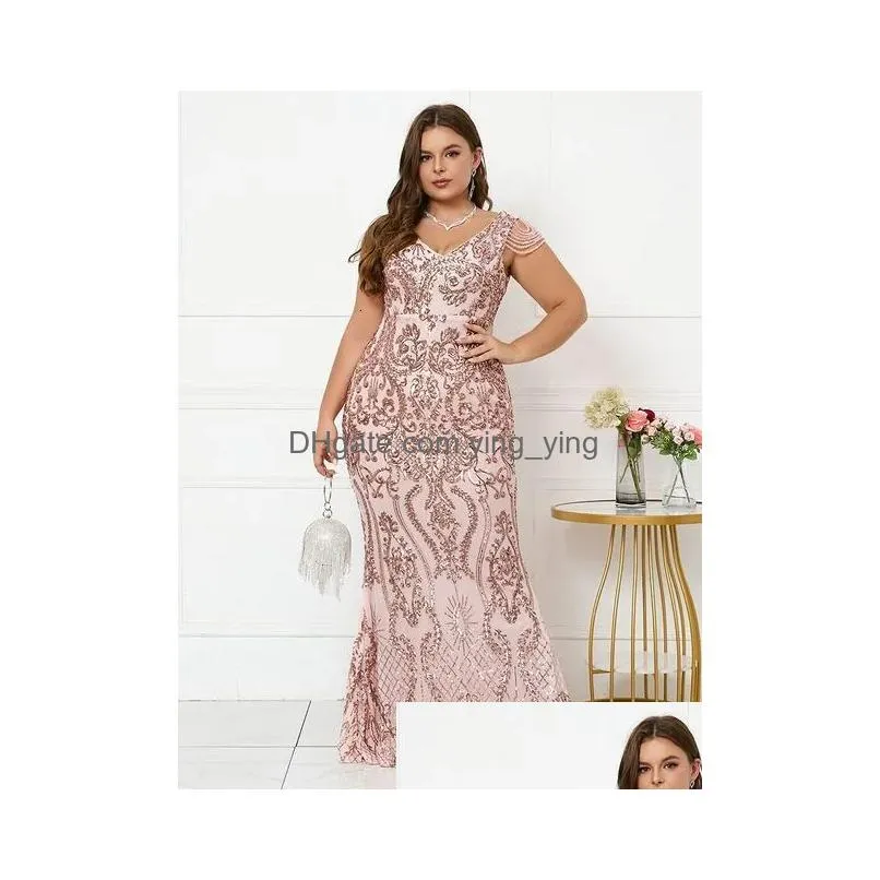 plus size dresses plus size women pink sequin evening dress elegant v neck beading party maxi dress long prom dress 230511