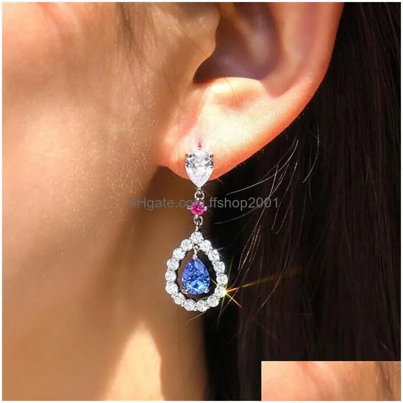 choucong 2021 top sell dangle earrings luxury jewelry 925 sterling silver water drop blue sapphire cz diamond gemstones party women wedding earring for lover