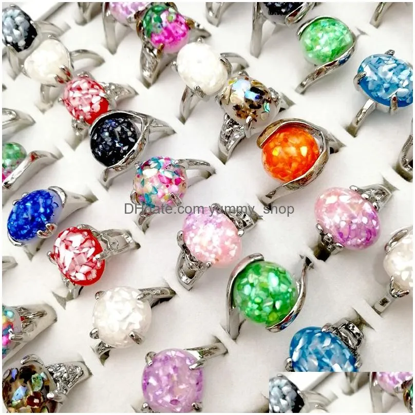 fashion 30pcs/lot 100% natural gemstone band ring vintage silver shell broken metal finger rings fit women and men charm jewelry party