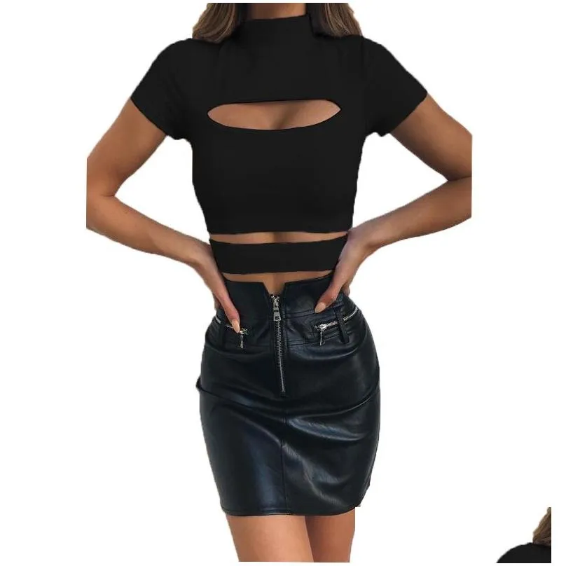 Women`S T-Shirt Womens Summer Crop Top Women Solid Black Green Tops Hollow Out Clothing Casual Tee Ladies Shirts Drop Delivery Apparel Dhtlw