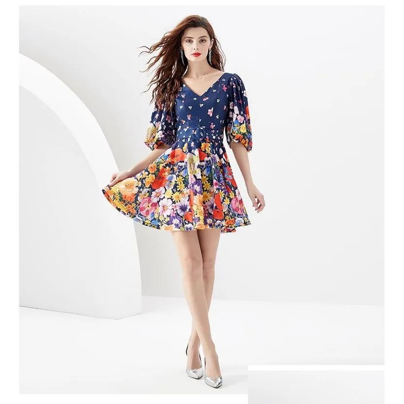 casual dresses summer holiday vacation mini dress women runway v-neck lantern sleeve flower paintings belt ruffles short vestidos 2023