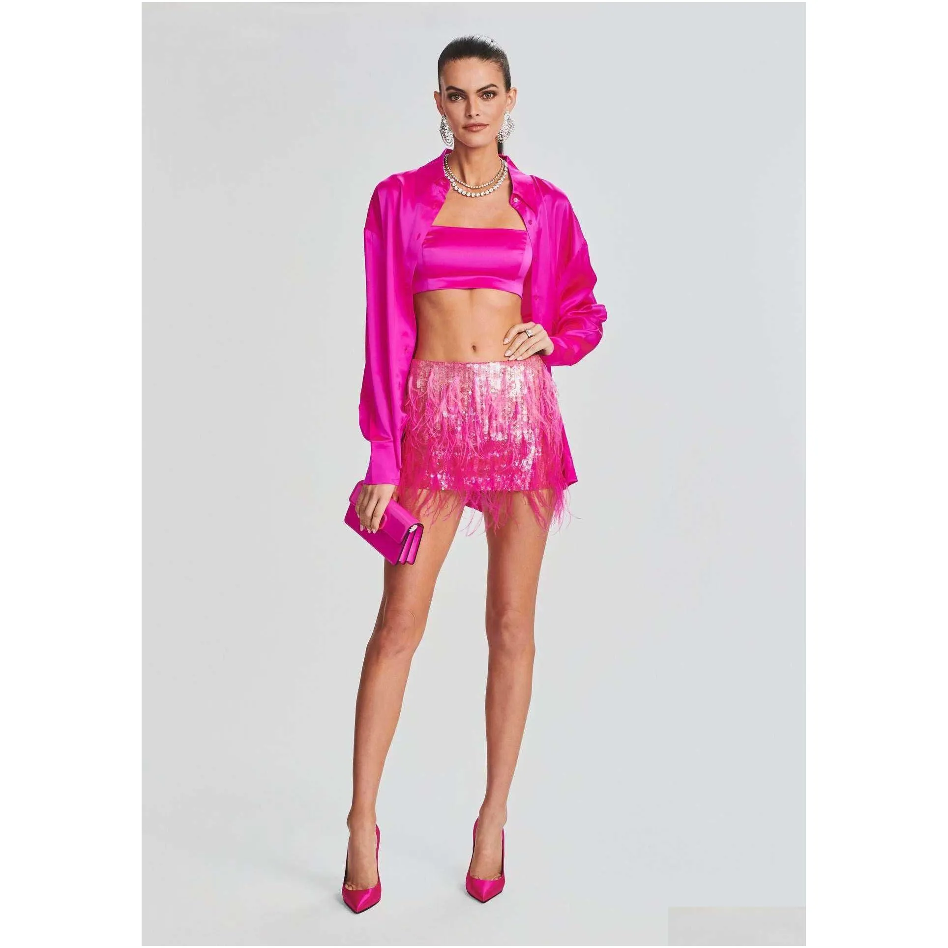2023 summer new women`s short skirt shiny pink artificial feather spliced sequin half skirt