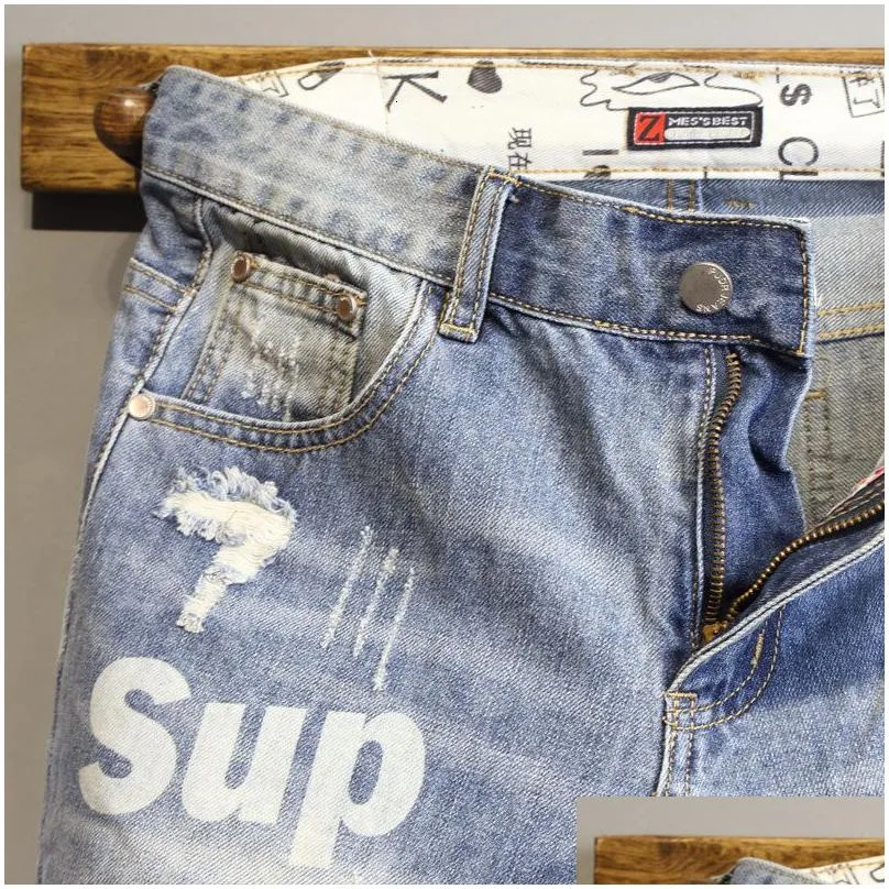 Men`S Jeans Mens Summer Light Blue Ripped Cat Whisker Letter Print Slim Denim Shorts Teenagers Boys And Girls  Drop Delivery Ap Dhjy5